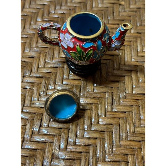 Miniature Cloisonné Enamel Teapot With Stand  Floral Design  Blue Interi… - Picture 4 of 11